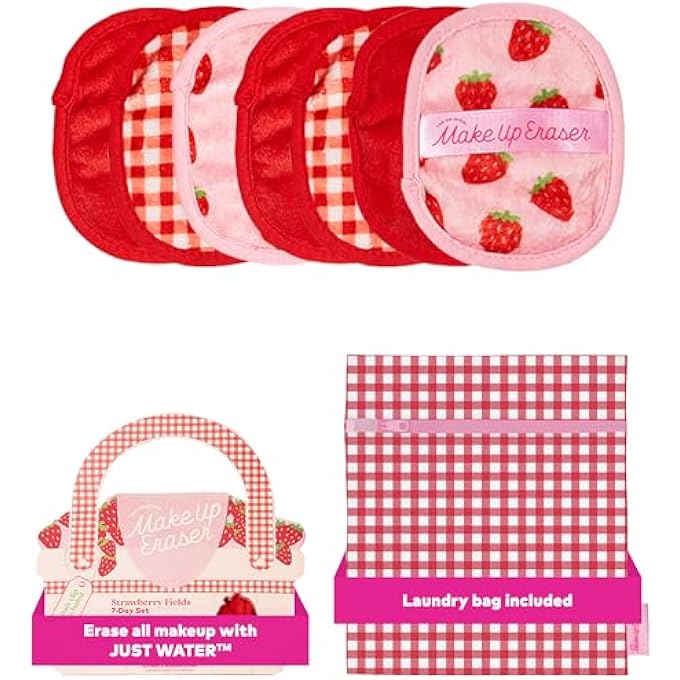 Makeup Eraser الأصلي ، مجموعة 7 أيام ، امسح كل المكياج باستخدام الماء فقط ، بما في ذلك الماسكارا المقاومة للماء ، كحل العين ، الأساس ، أحمر الشفاه ، واقي الشمس ، والمزيد! حقول الفراولة ، 7 قطع. - Image 1